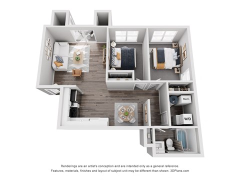 a stylized floor plan with a bedroom and living room